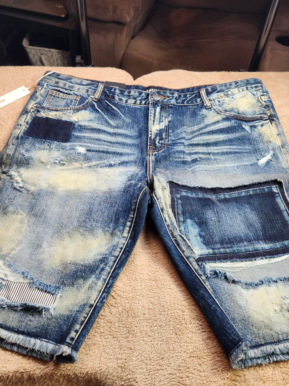 Men's Distressed Patchwork Denim Shorts - Blue Embellished 44/12.5